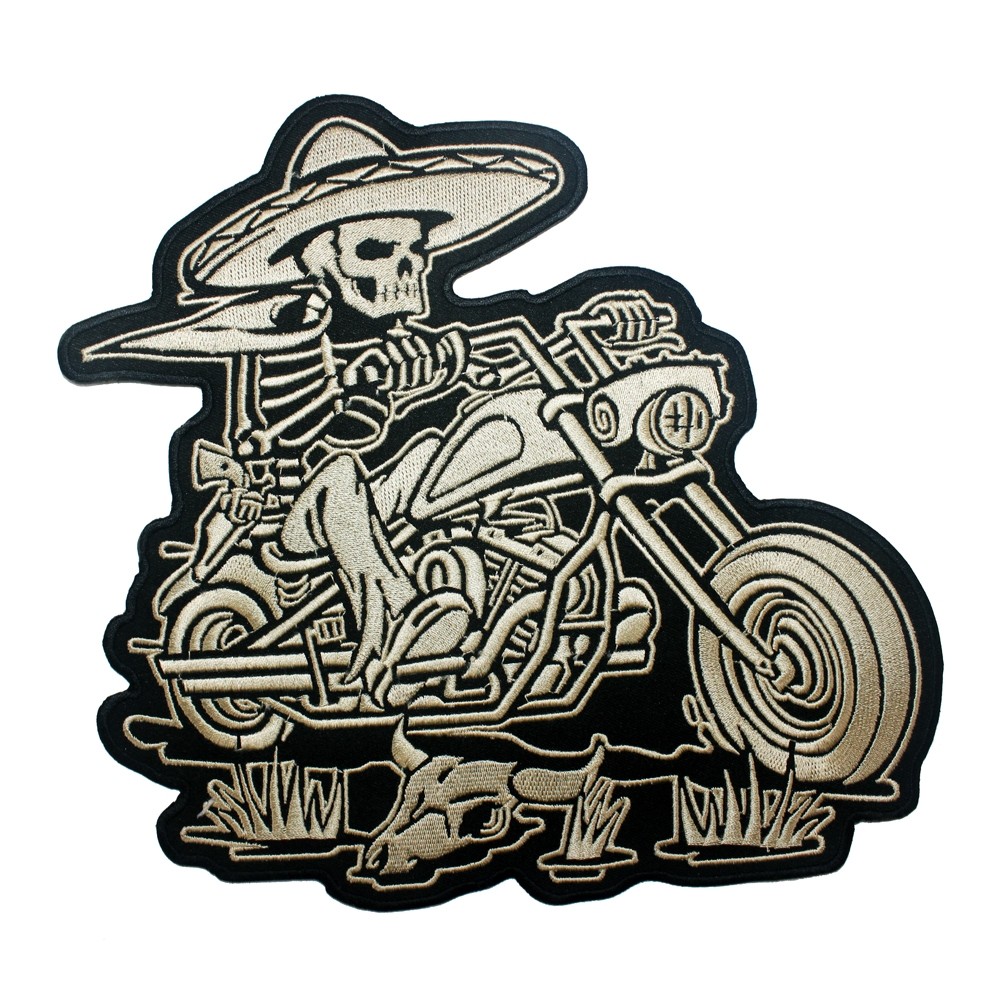 Skeleton Iron-on Patch Embroidery Black White Motorcycle Sombrero Biker 
