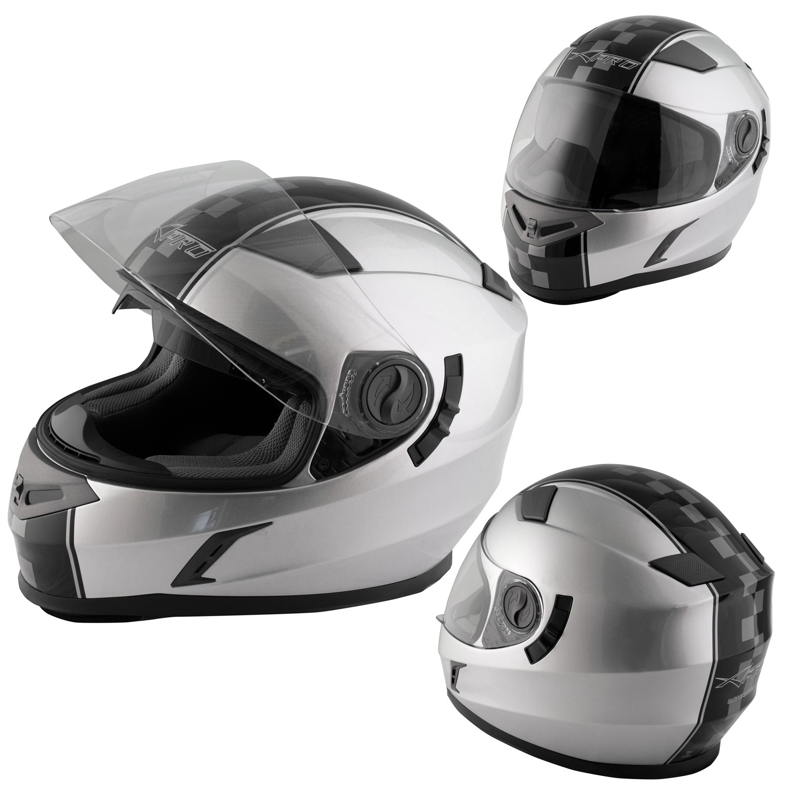 Casco Integrale Moto Scooter Touring Visiera Interna Parasole Viaggio Argento