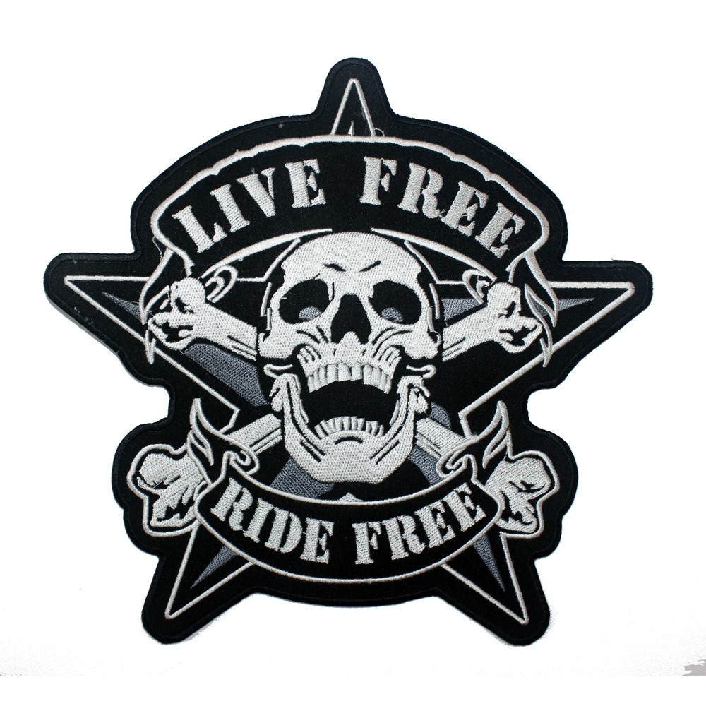Toppa Termoadesiva Moto Teschio 'Live Ride Free' - Patch Tessuto Nero 11,5x11 Cm