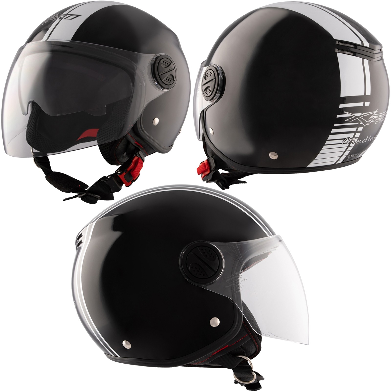 Abbigliamento Moto e Accessori - Casco Moto Jet Nero Lucido Grafica Bianca  Open Face Doppia Visiera Omologato ECE