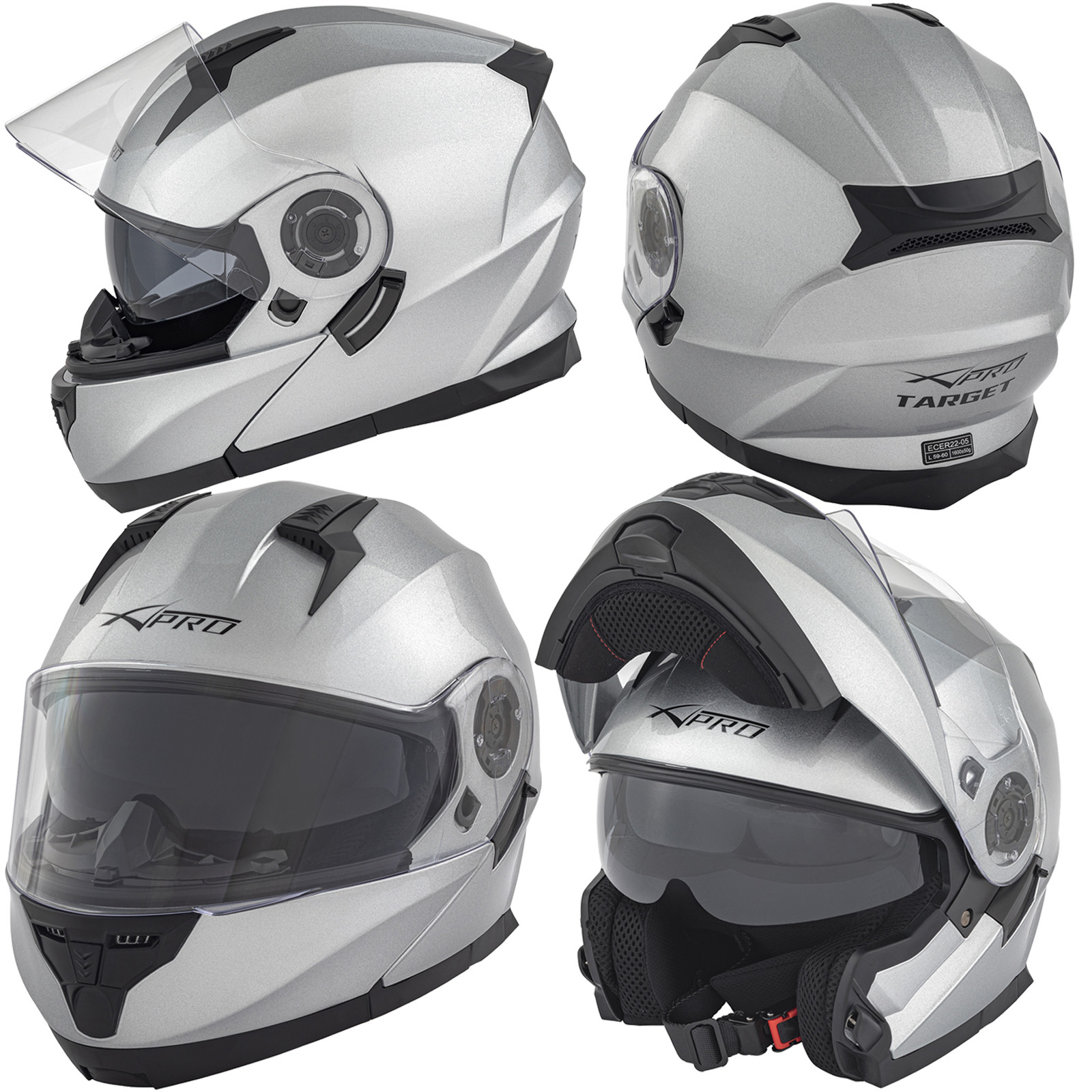 Casco Modulare Apribile Moto Touring Sport Visiera Parasole Silver
