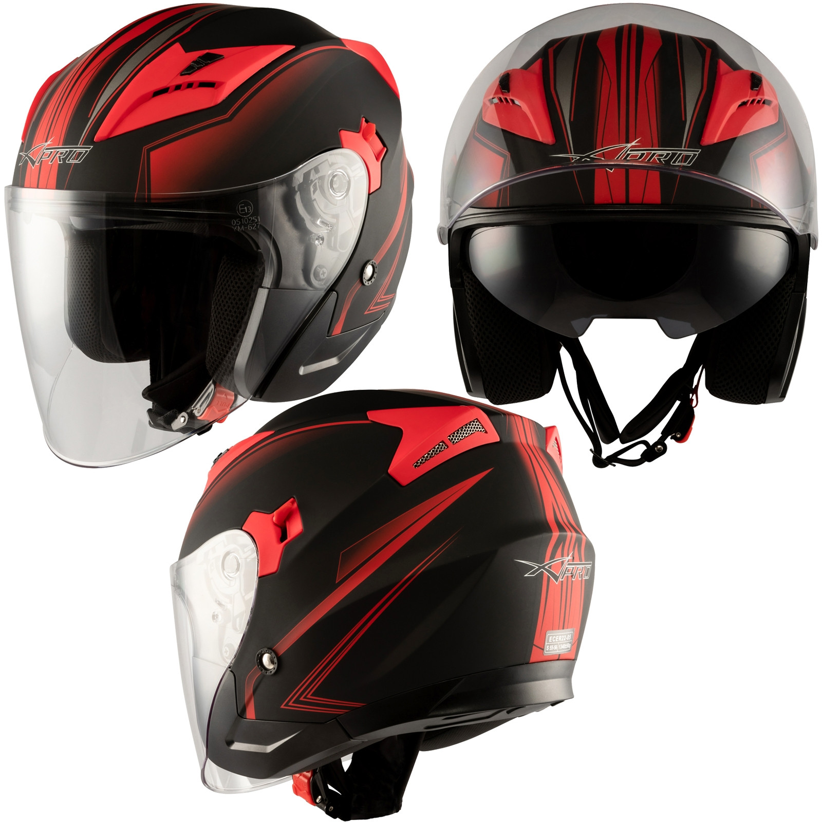 Abbigliamento Moto e Accessori - Jet Moto Casco Scooter Doppia Visiera  Certificato ECE 22-06 Nero Opaco Rosso