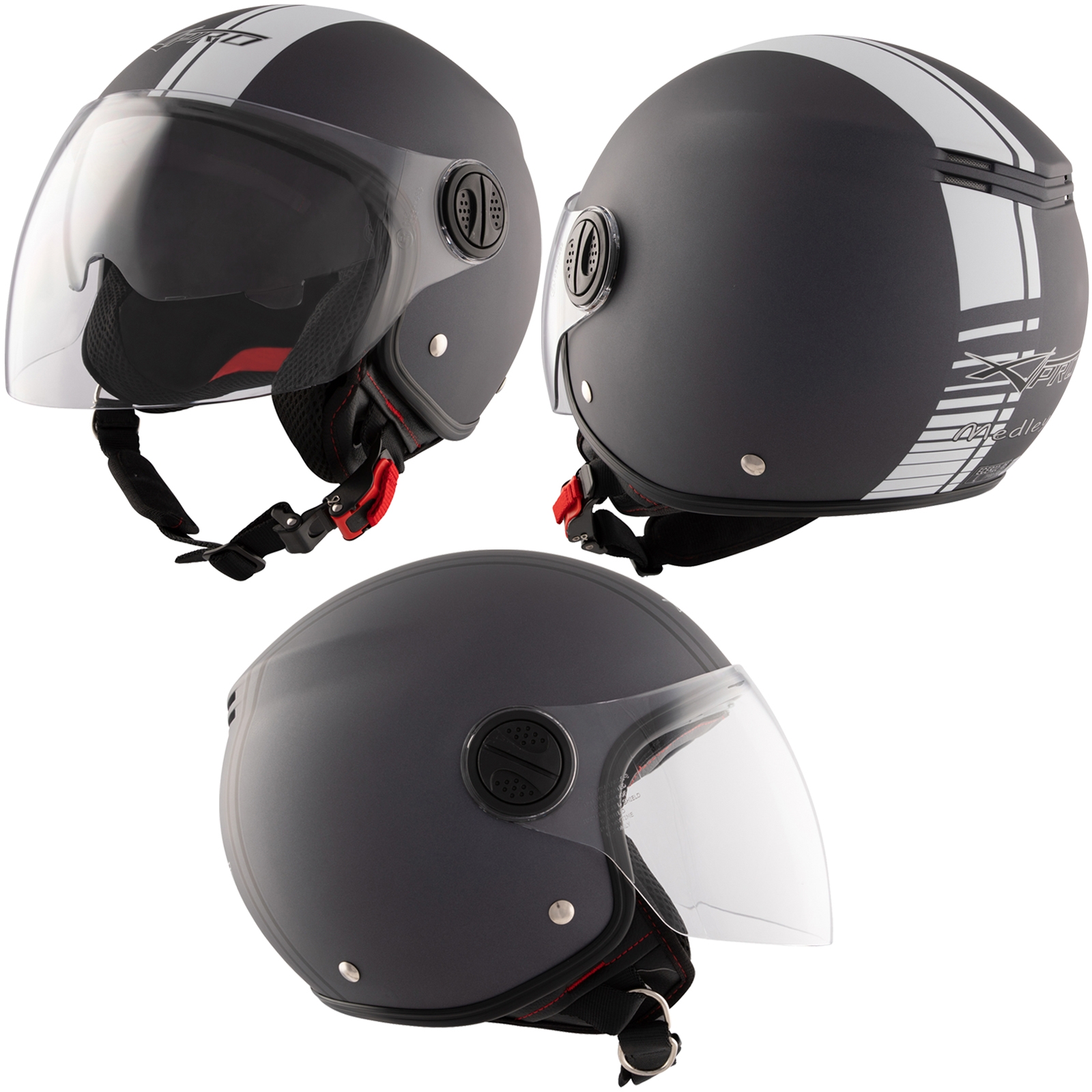 miniatura 8  - Helmet Motorcycle Jet ECE approved Scooter Matt Gray White Graphics Double Visor